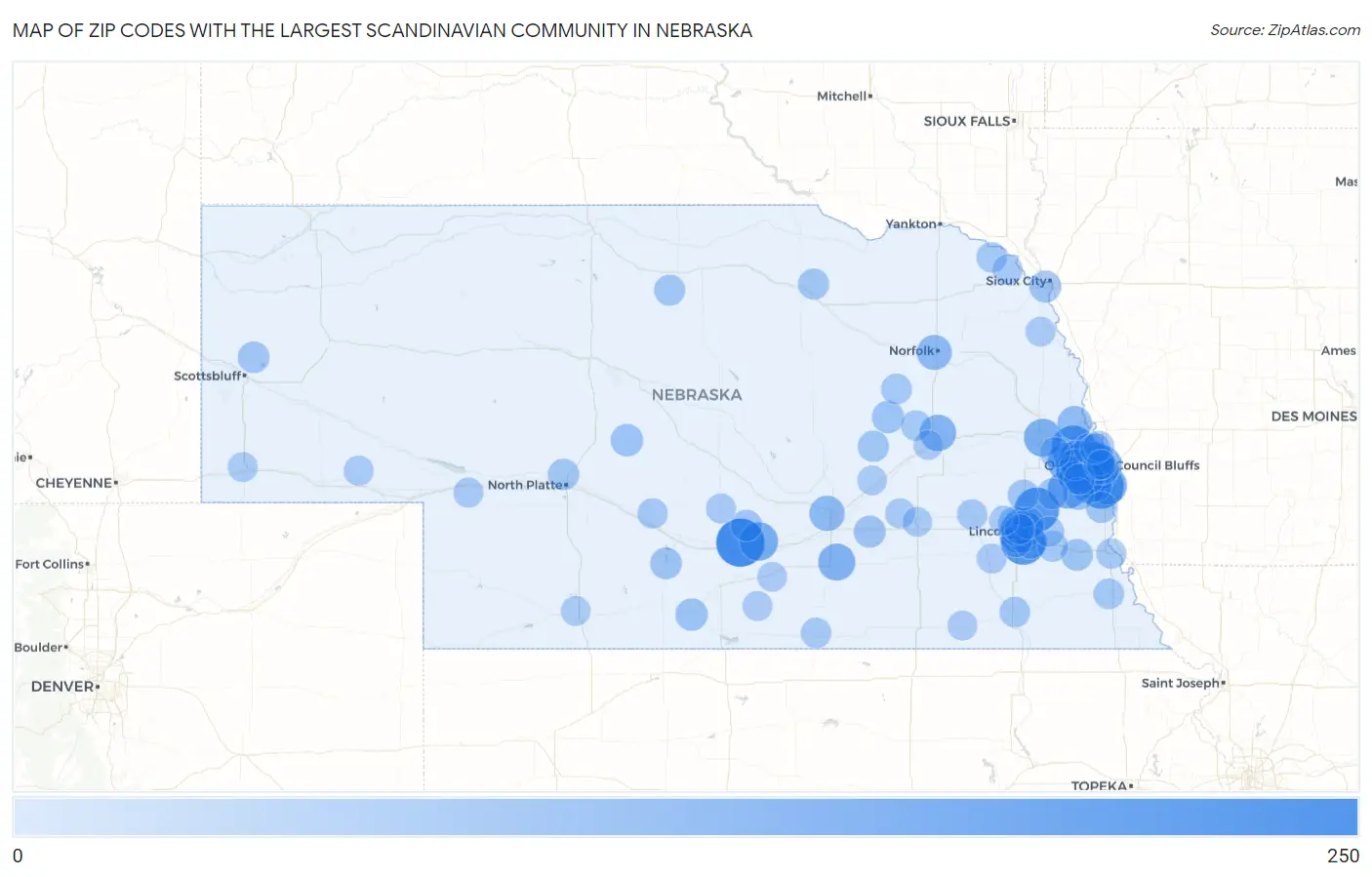 Zip Codes with the Largest Scandinavian Community in Nebraska Map