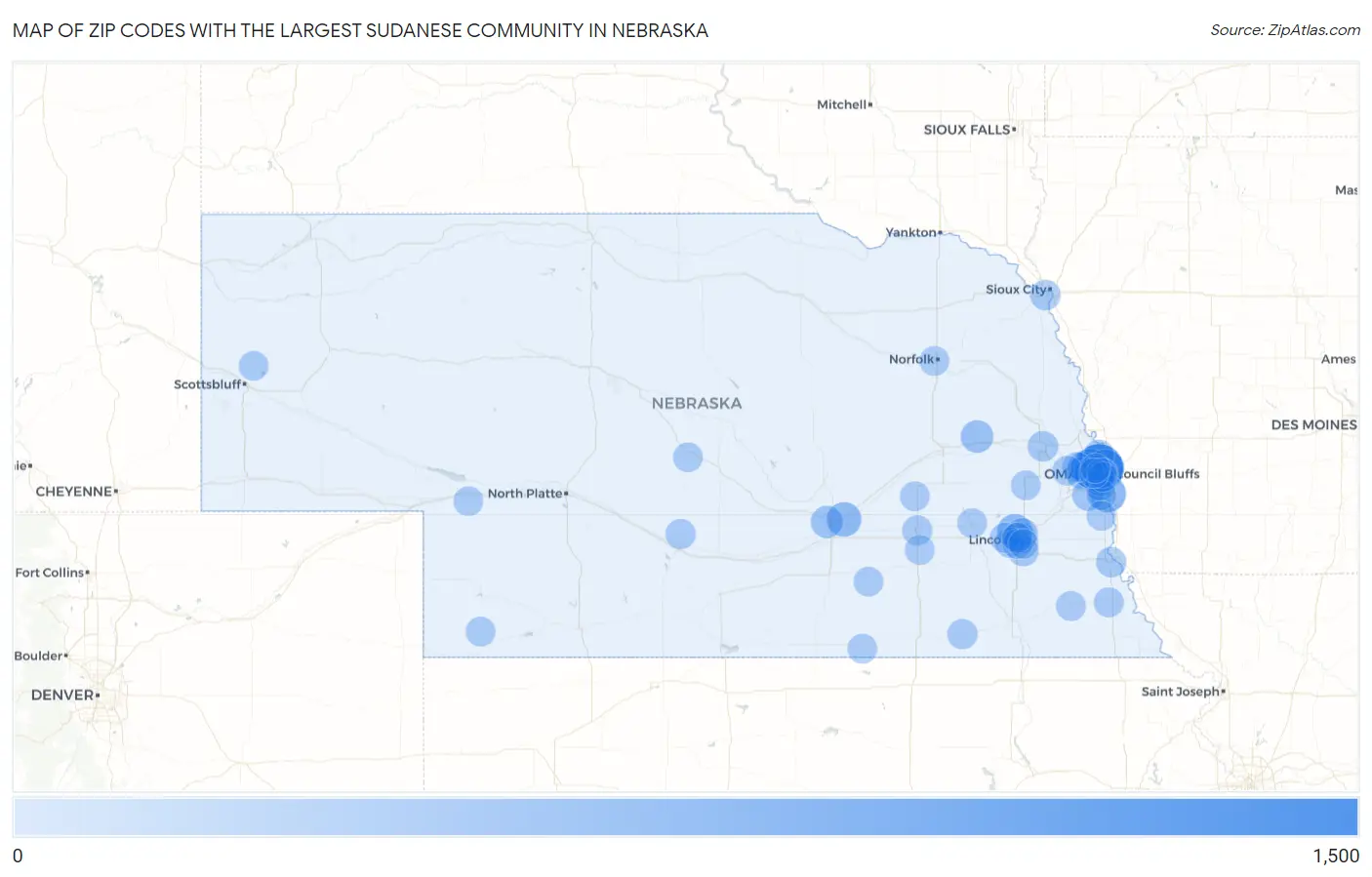 Zip Codes with the Largest Sudanese Community in Nebraska Map