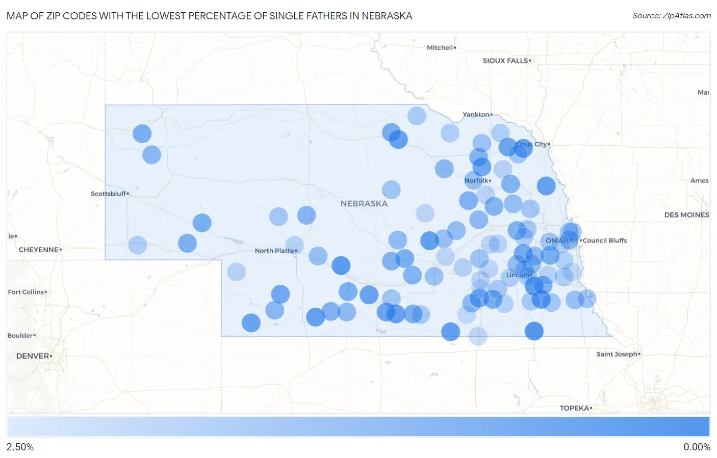 Zip Codes with the Lowest Percentage of Single Fathers in Nebraska Map