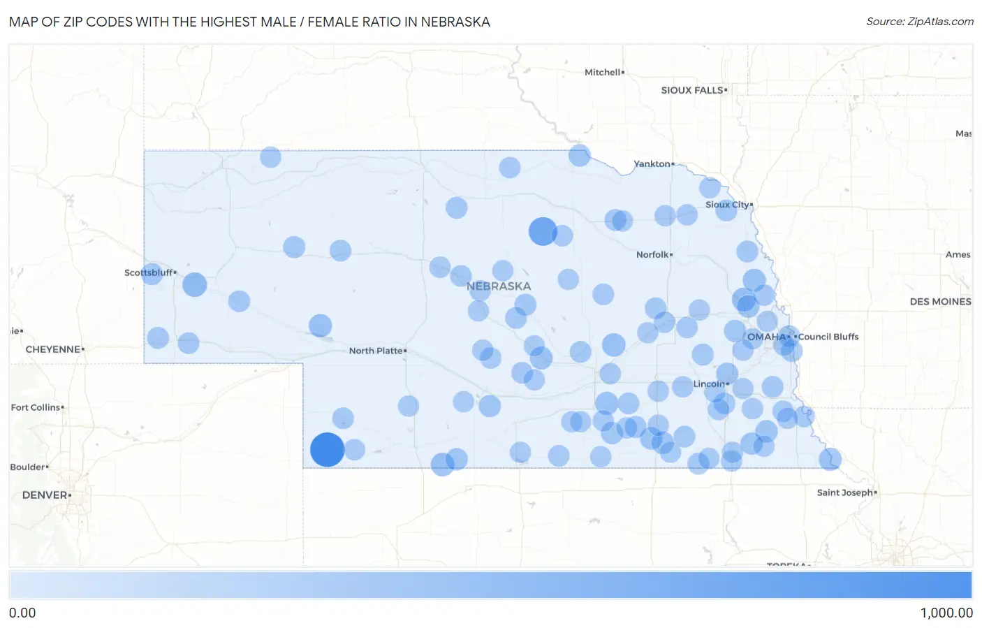 Zip Codes with the Highest Male / Female Ratio in Nebraska Map