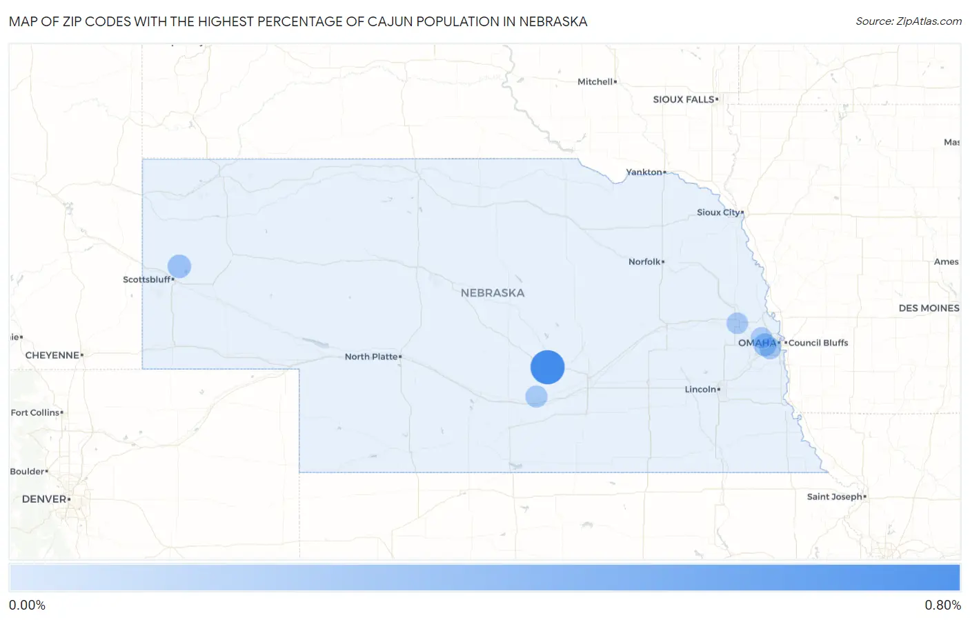 Zip Codes with the Highest Percentage of Cajun Population in Nebraska Map