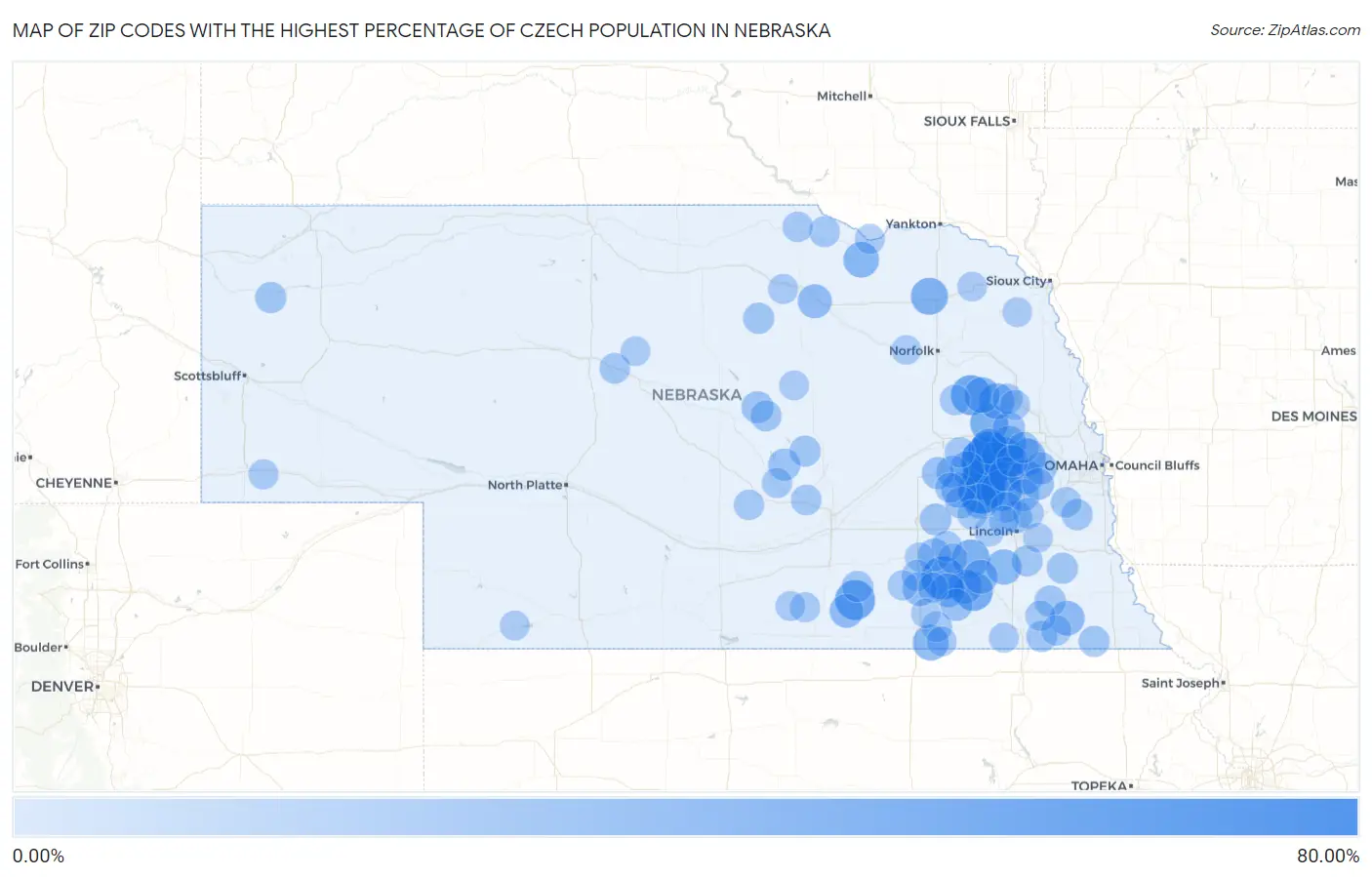 Zip Codes with the Highest Percentage of Czech Population in Nebraska Map
