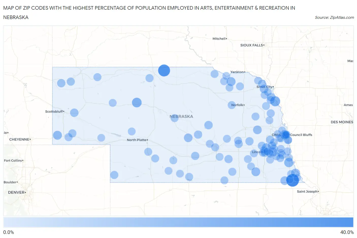 Zip Codes with the Highest Percentage of Population Employed in Arts, Entertainment & Recreation in Nebraska Map