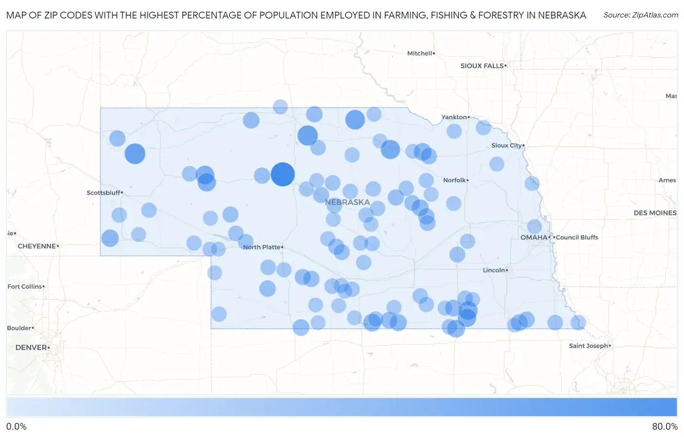 Zip Codes with the Highest Percentage of Population Employed in Farming, Fishing & Forestry in Nebraska Map