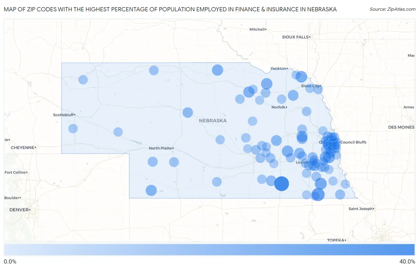 Zip Codes with the Highest Percentage of Population Employed in Finance & Insurance in Nebraska Map