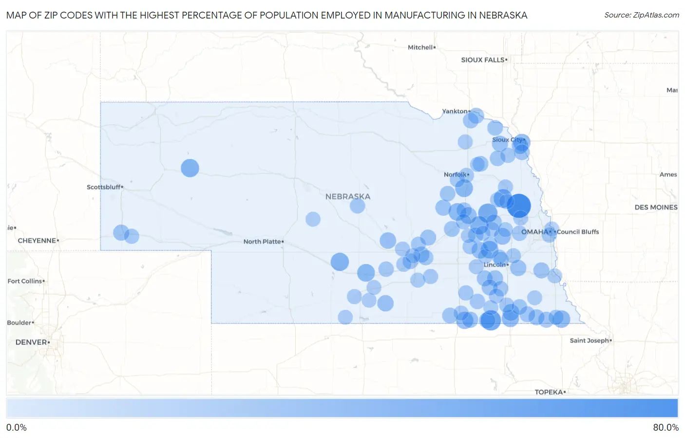 Zip Codes with the Highest Percentage of Population Employed in Manufacturing in Nebraska Map