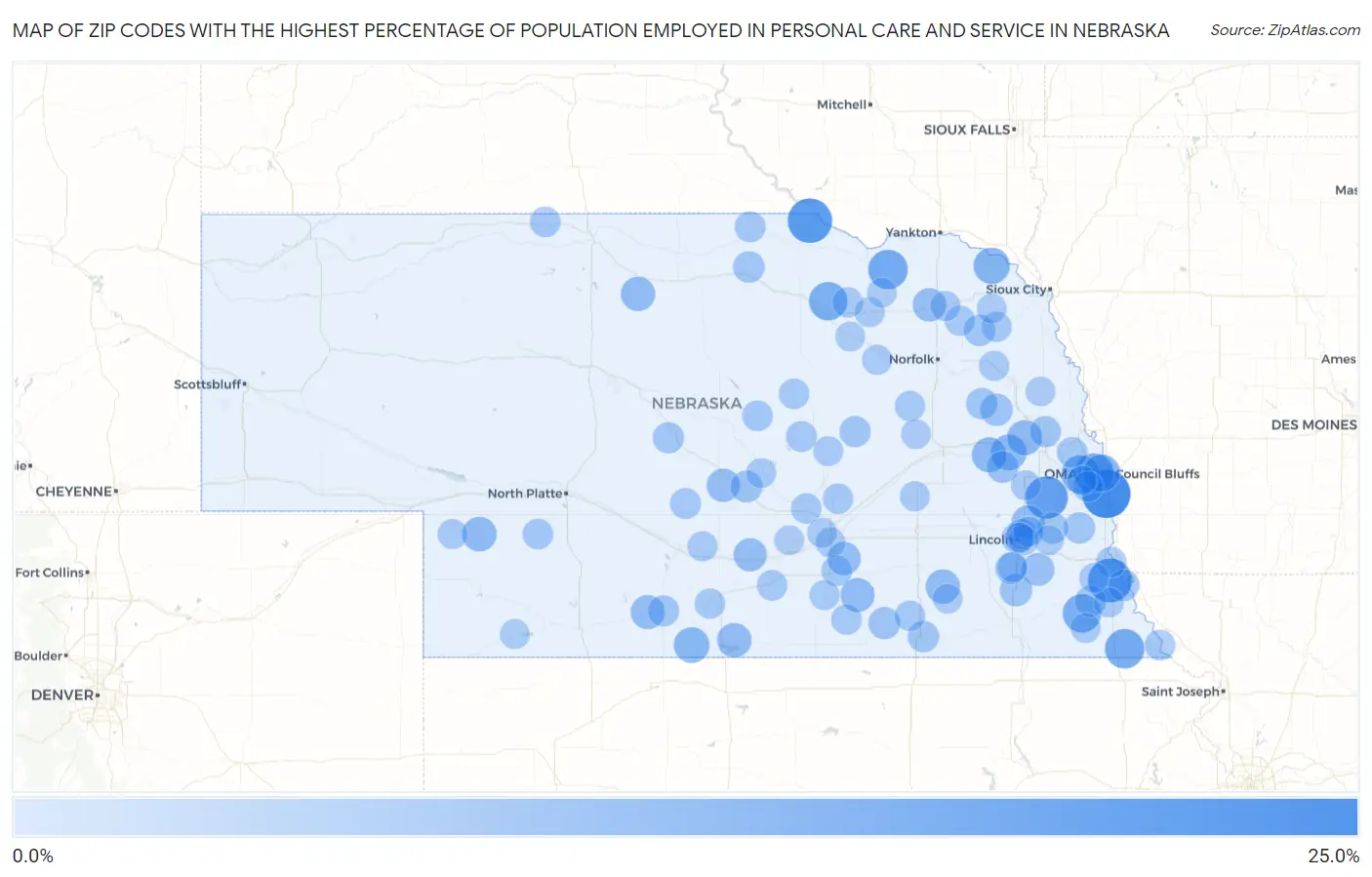 Zip Codes with the Highest Percentage of Population Employed in Personal Care and Service in Nebraska Map