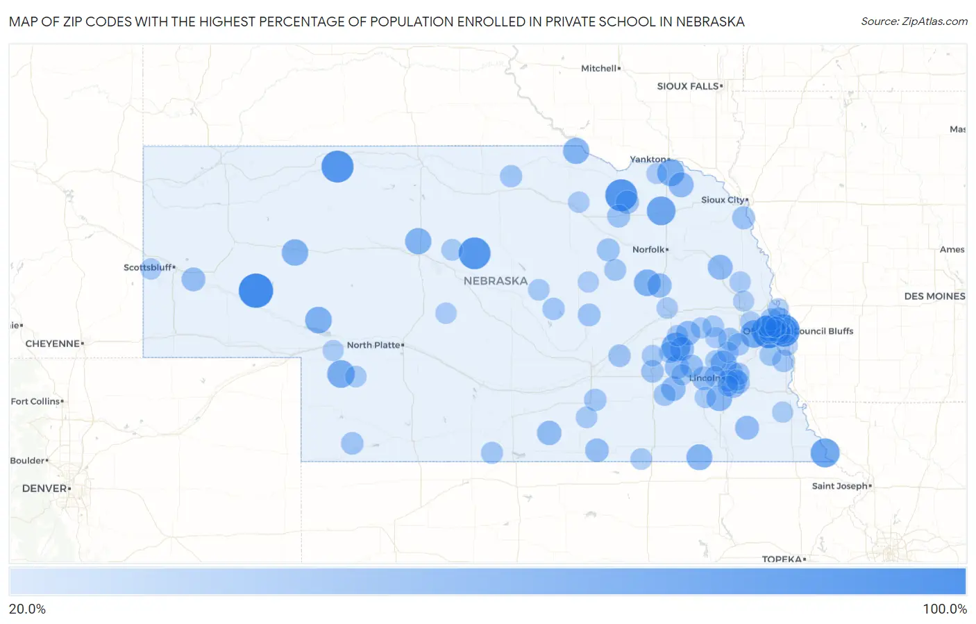Zip Codes with the Highest Percentage of Population Enrolled in Private School in Nebraska Map