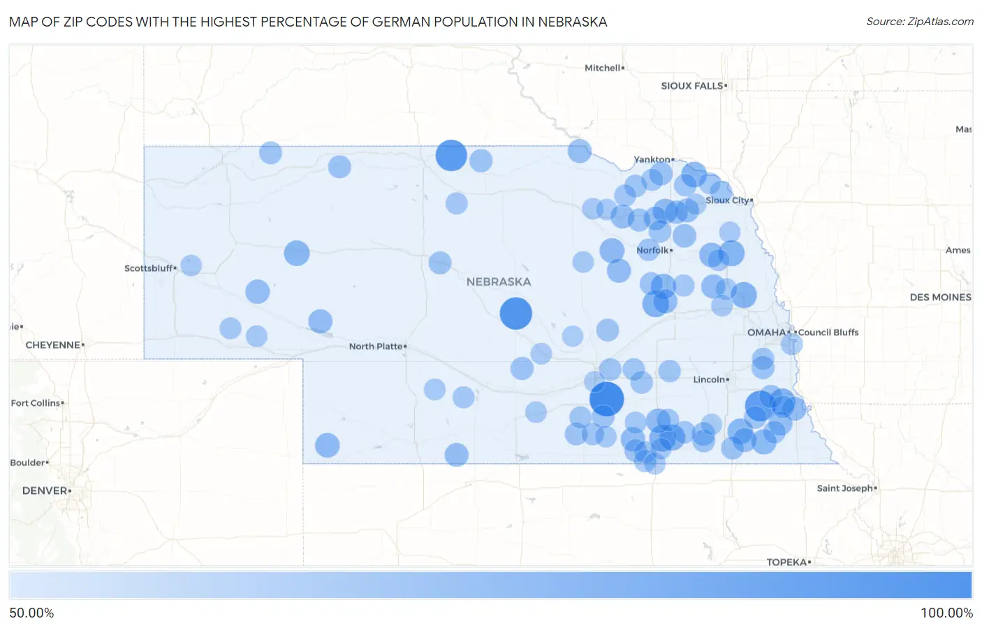 Zip Codes with the Highest Percentage of German Population in Nebraska Map