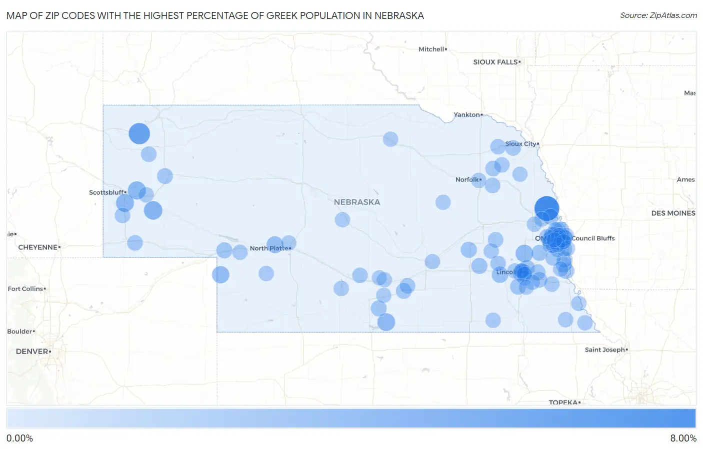 Zip Codes with the Highest Percentage of Greek Population in Nebraska Map