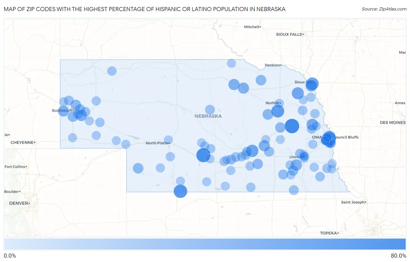 Zip Codes with the Highest Percentage of Hispanic or Latino Population in Nebraska Map