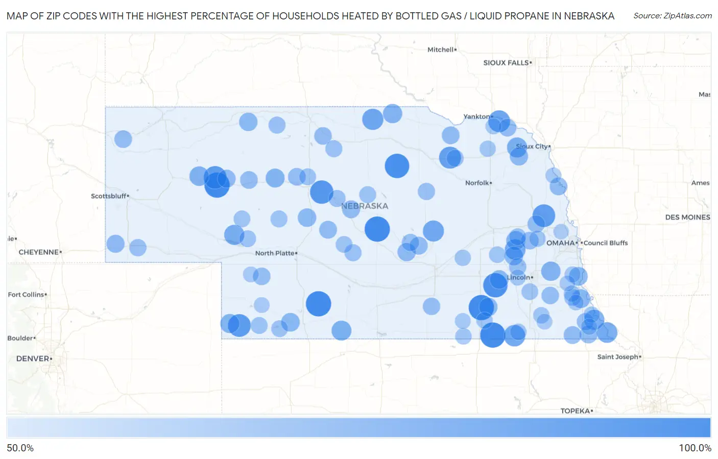 Zip Codes with the Highest Percentage of Households Heated by Bottled Gas / Liquid Propane in Nebraska Map