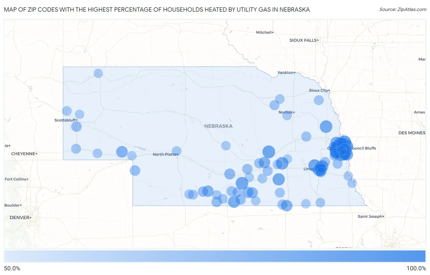 Zip Codes with the Highest Percentage of Households Heated by Utility Gas in Nebraska Map