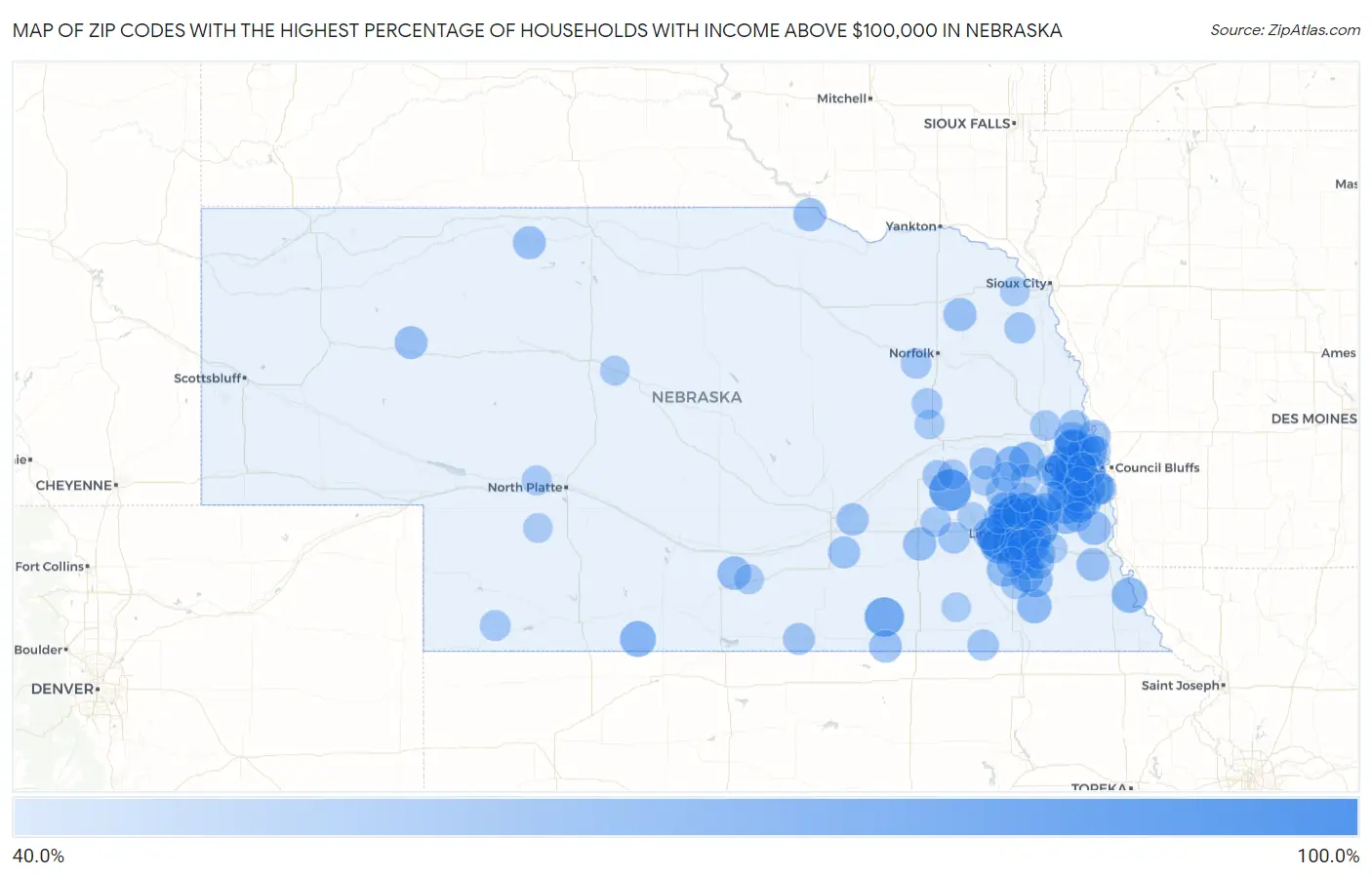 Zip Codes with the Highest Percentage of Households with Income Above $100,000 in Nebraska Map