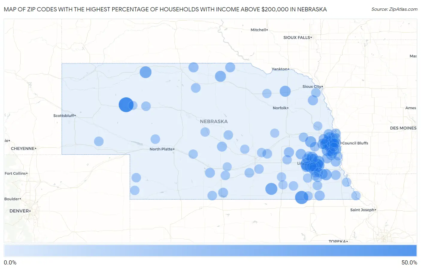 Zip Codes with the Highest Percentage of Households with Income Above $200,000 in Nebraska Map