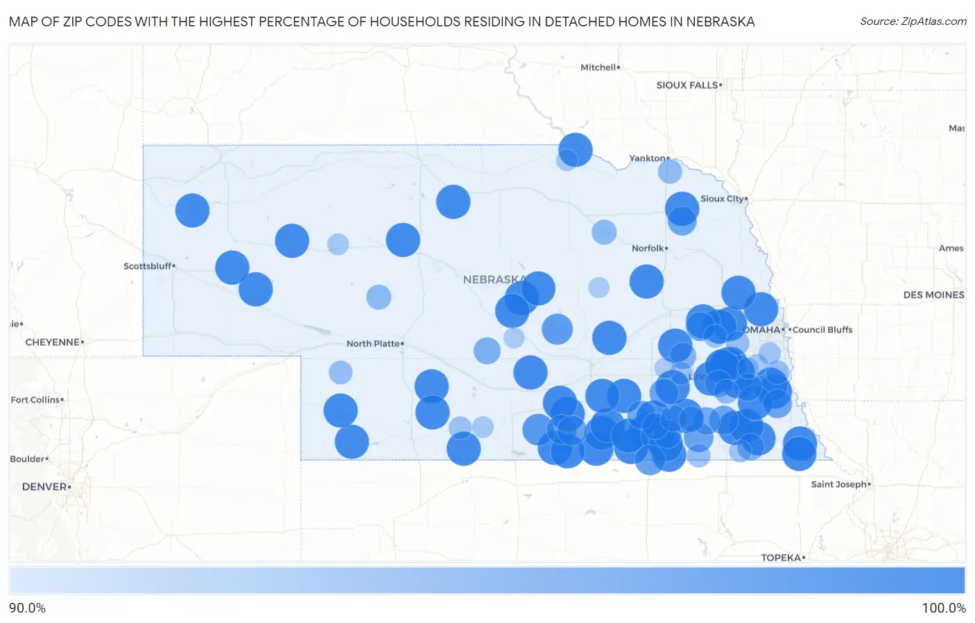 Zip Codes with the Highest Percentage of Households Residing in Detached Homes in Nebraska Map