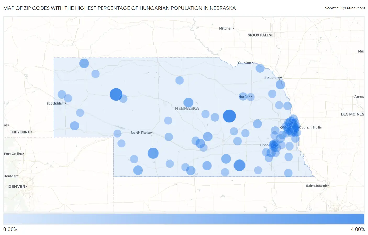 Zip Codes with the Highest Percentage of Hungarian Population in Nebraska Map