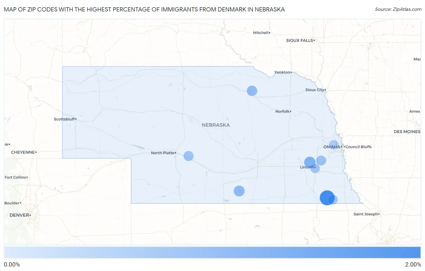 Zip Codes with the Highest Percentage of Immigrants from Denmark in Nebraska Map