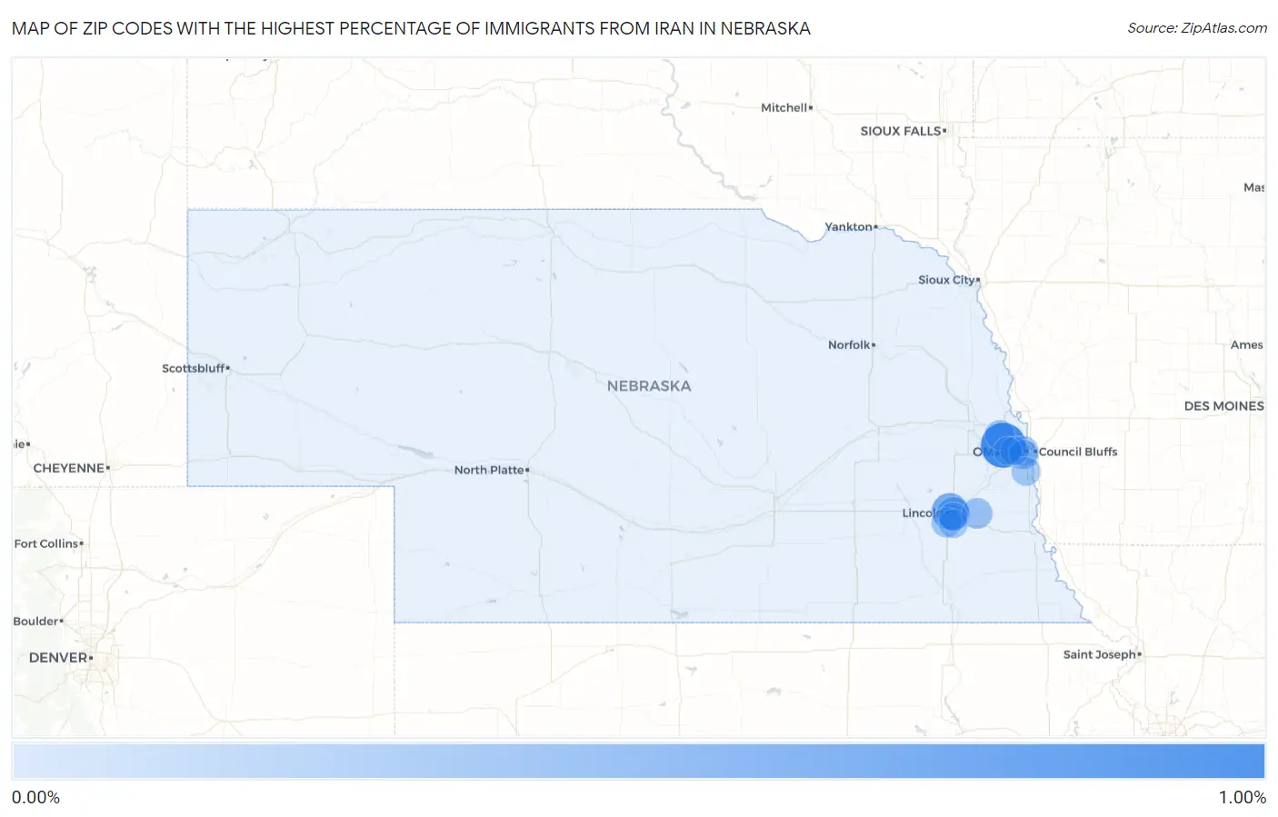 Zip Codes with the Highest Percentage of Immigrants from Iran in Nebraska Map