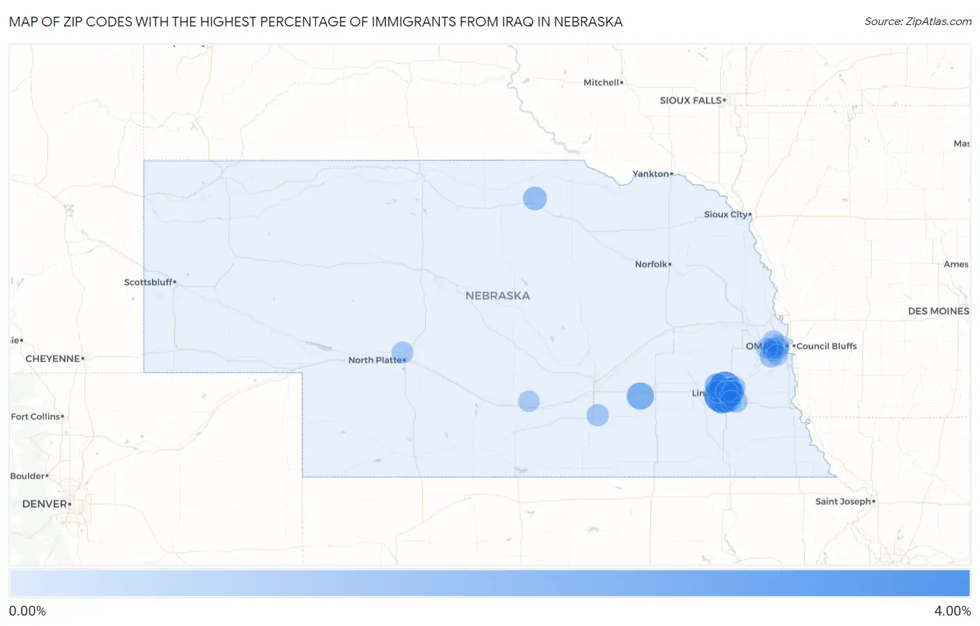 Zip Codes with the Highest Percentage of Immigrants from Iraq in Nebraska Map
