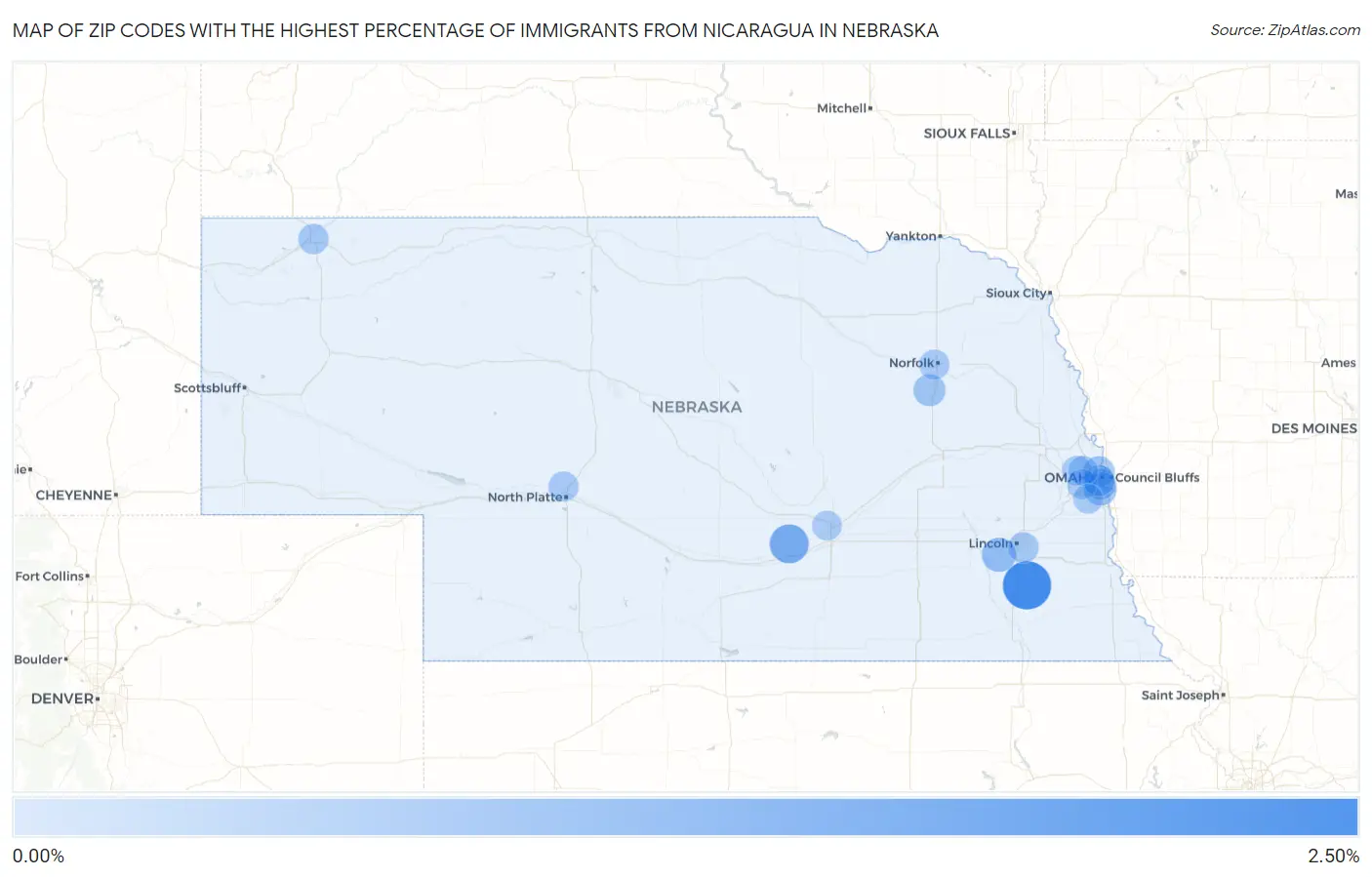 Zip Codes with the Highest Percentage of Immigrants from Nicaragua in Nebraska Map