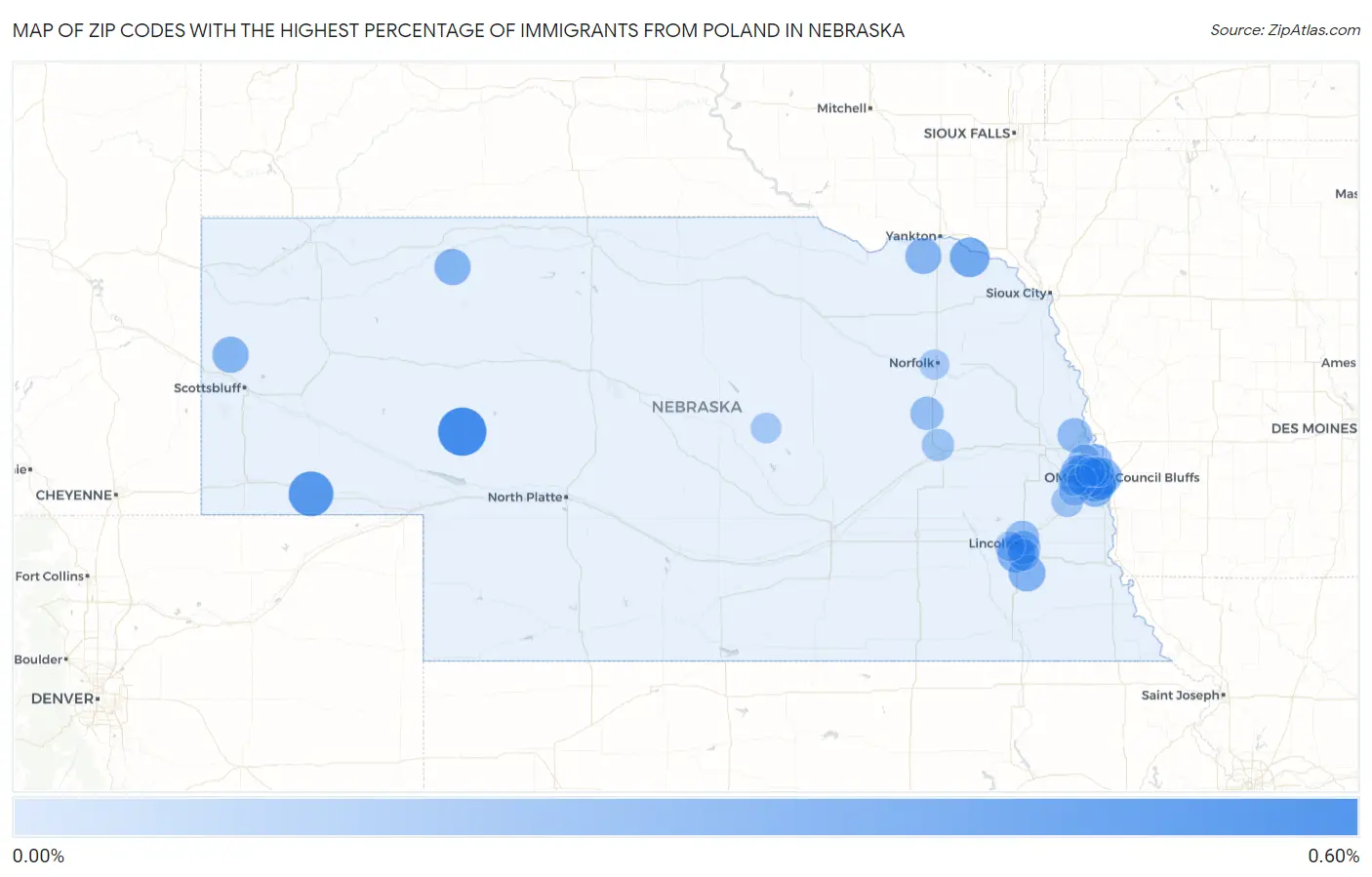 Zip Codes with the Highest Percentage of Immigrants from Poland in Nebraska Map