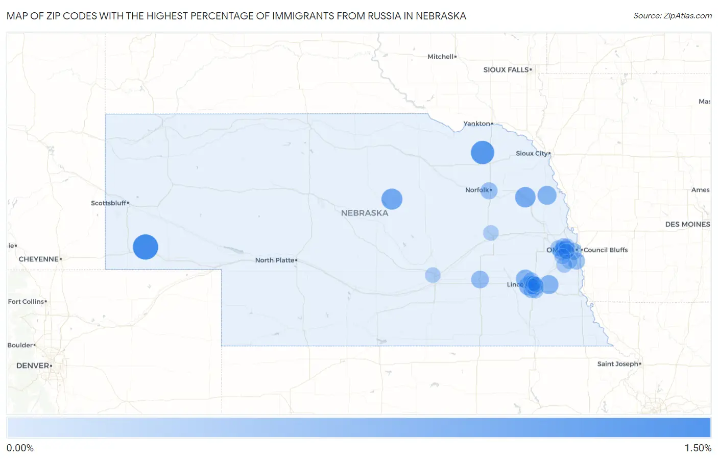 Zip Codes with the Highest Percentage of Immigrants from Russia in Nebraska Map