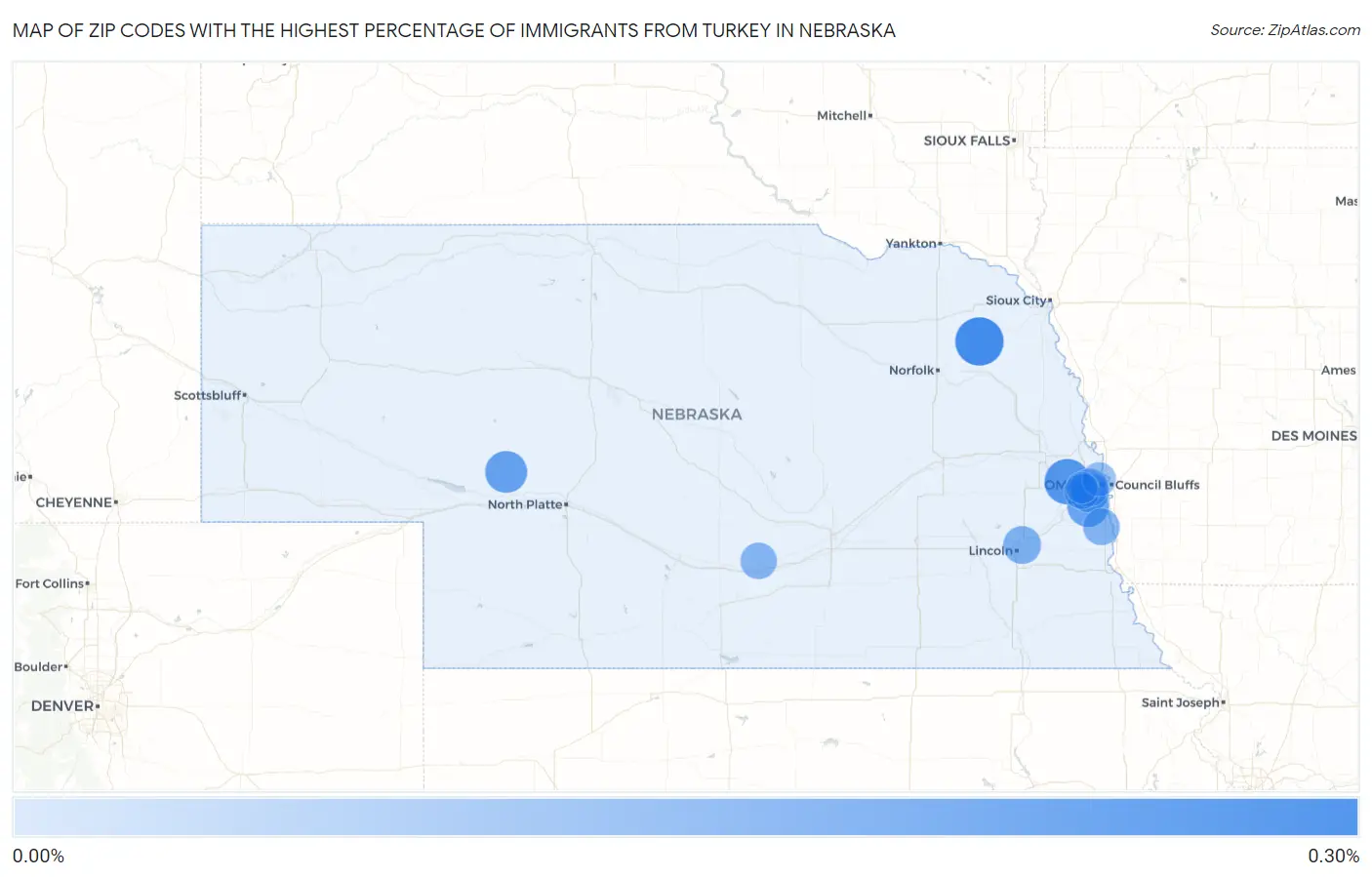 Zip Codes with the Highest Percentage of Immigrants from Turkey in Nebraska Map