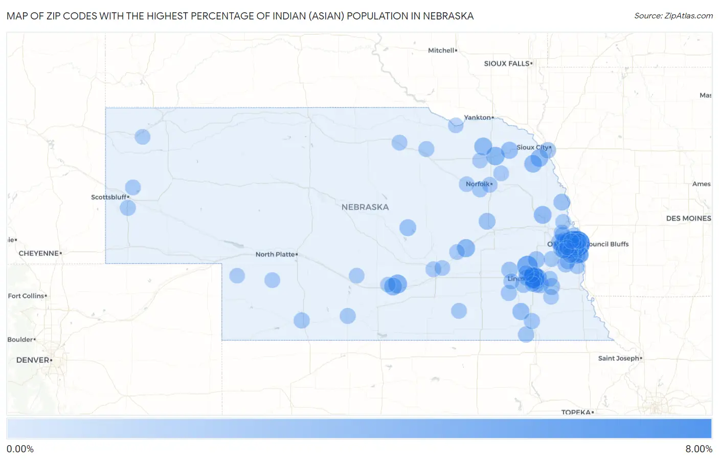Zip Codes with the Highest Percentage of Indian (Asian) Population in Nebraska Map
