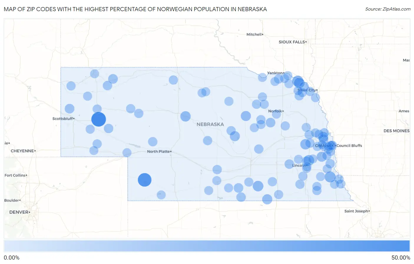 Zip Codes with the Highest Percentage of Norwegian Population in Nebraska Map