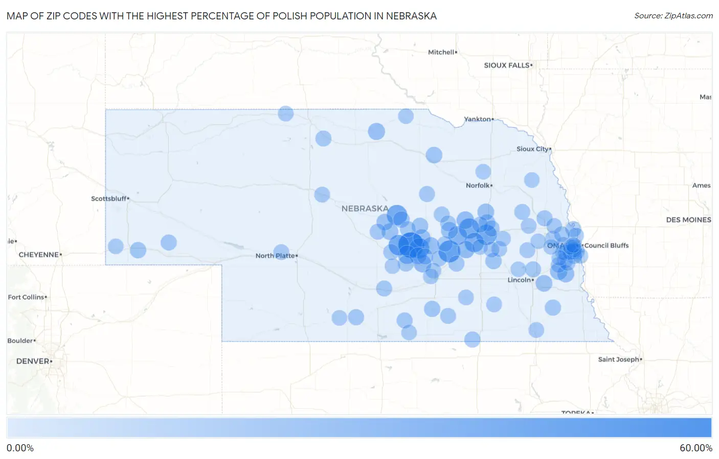 Zip Codes with the Highest Percentage of Polish Population in Nebraska Map