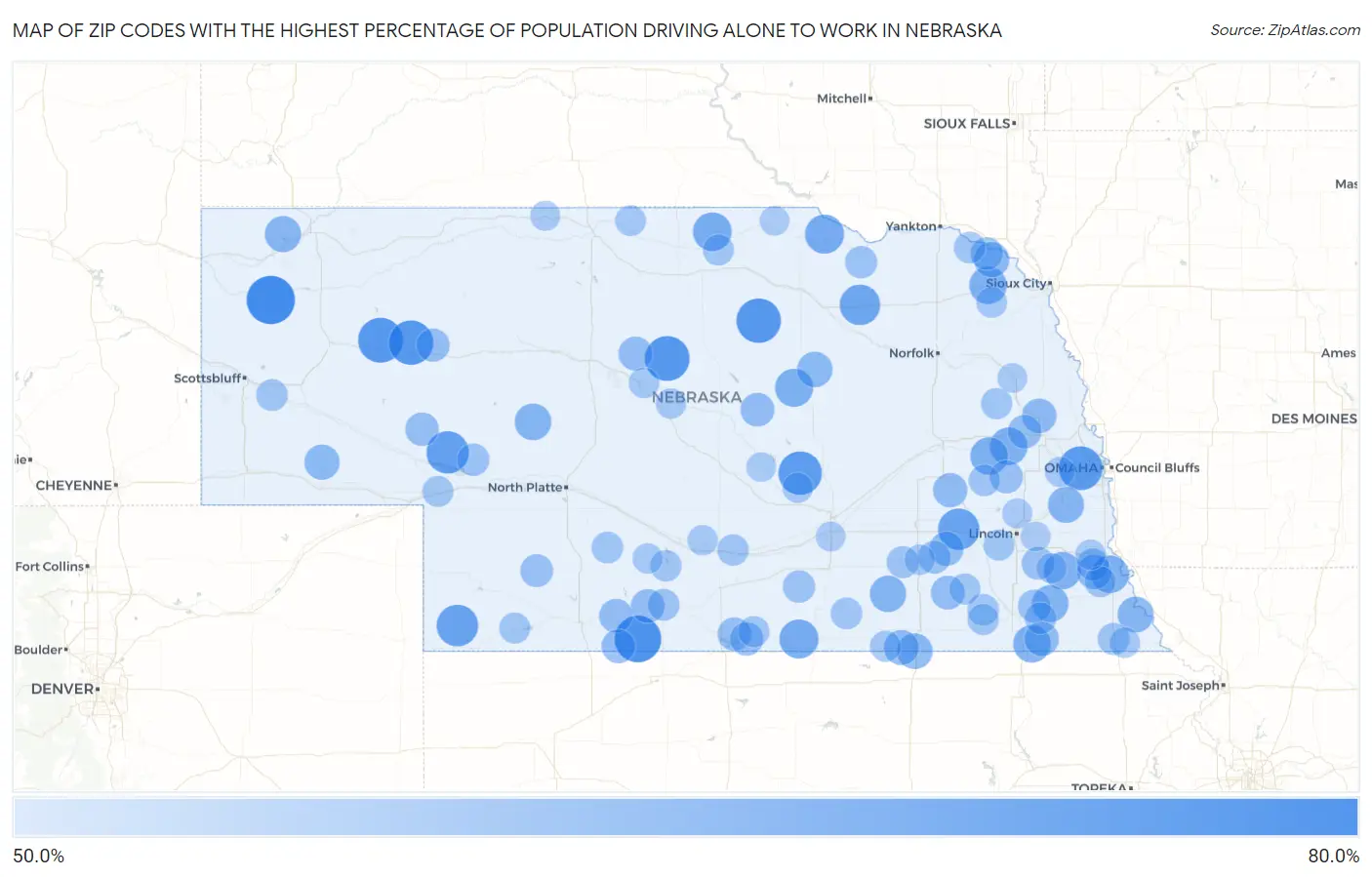 Zip Codes with the Highest Percentage of Population Driving Alone to Work in Nebraska Map