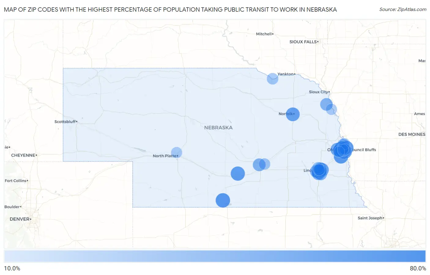 Zip Codes with the Highest Percentage of Population Taking Public Transit to Work in Nebraska Map