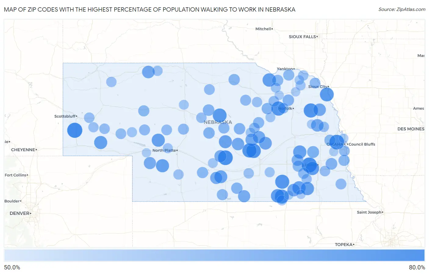 Zip Codes with the Highest Percentage of Population Walking to Work in Nebraska Map