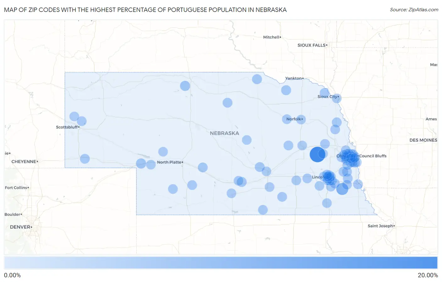 Zip Codes with the Highest Percentage of Portuguese Population in Nebraska Map