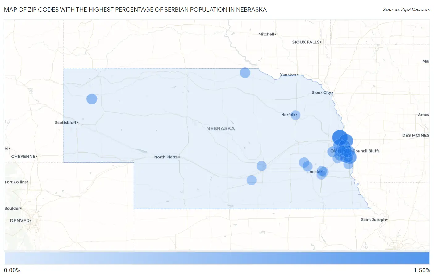 Zip Codes with the Highest Percentage of Serbian Population in Nebraska Map