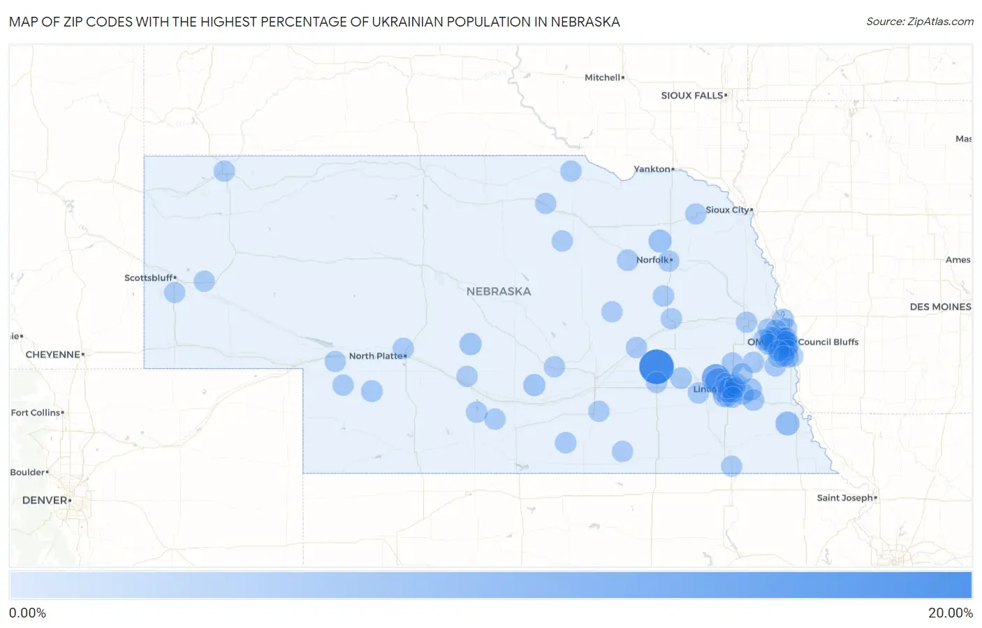 Zip Codes with the Highest Percentage of Ukrainian Population in Nebraska Map