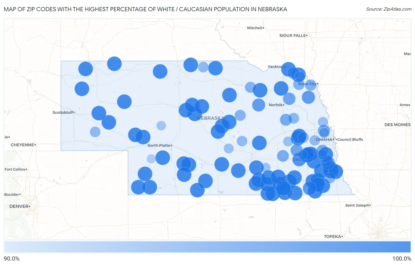 Zip Codes with the Highest Percentage of White / Caucasian Population in Nebraska Map