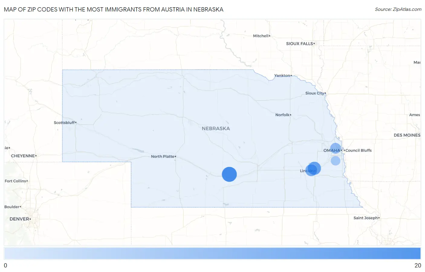 Zip Codes with the Most Immigrants from Austria in Nebraska Map