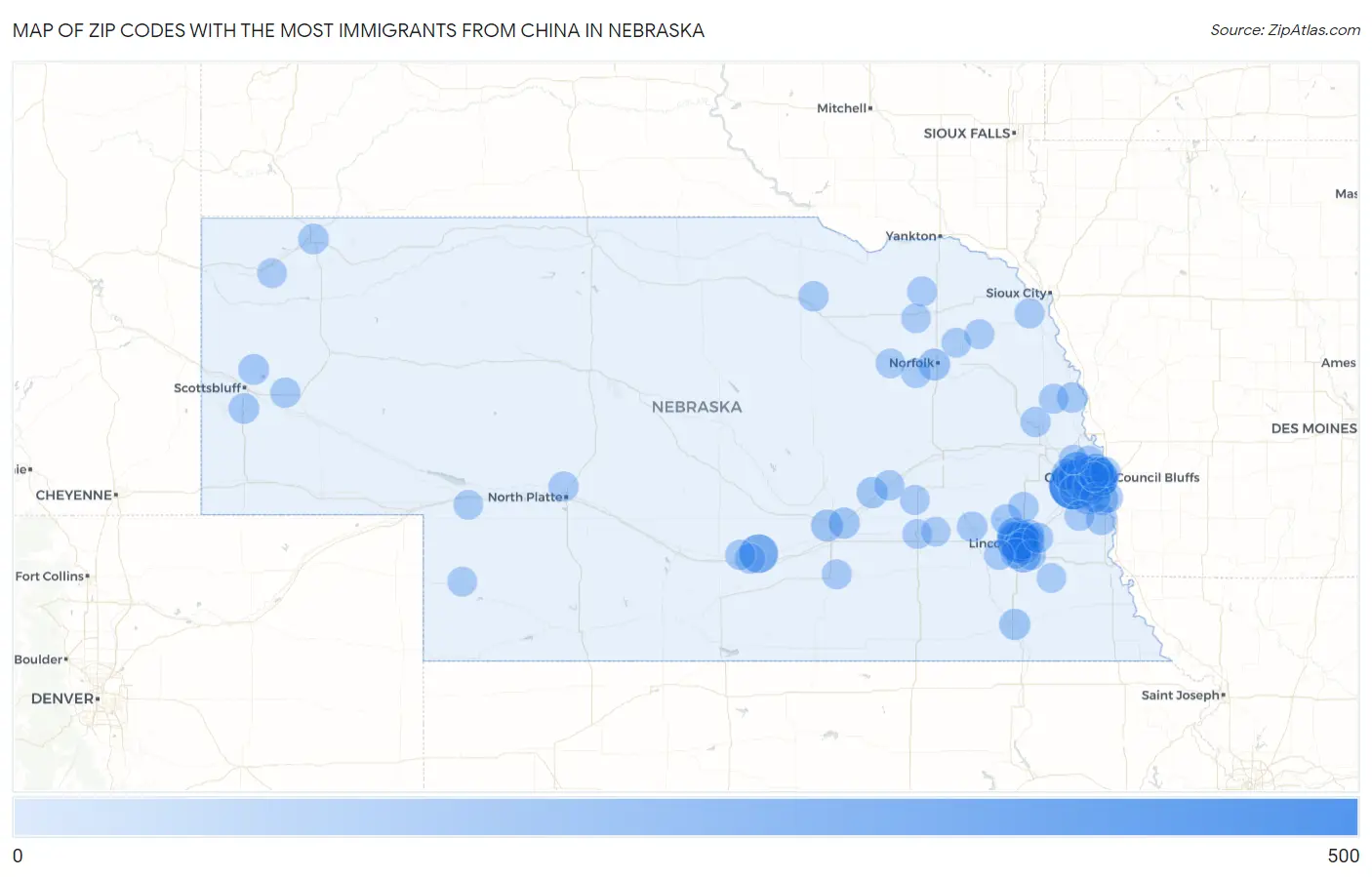 Zip Codes with the Most Immigrants from China in Nebraska Map