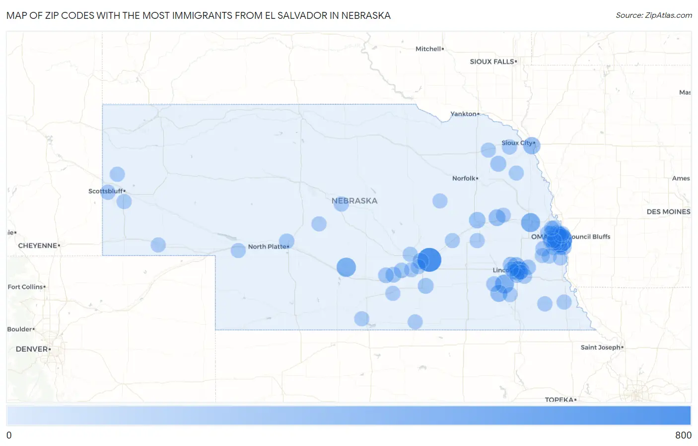 Zip Codes with the Most Immigrants from El Salvador in Nebraska Map