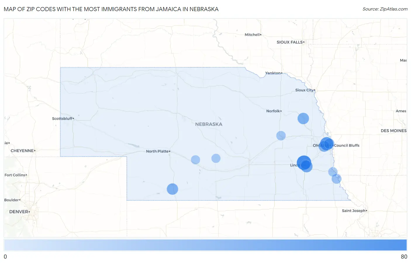 Zip Codes with the Most Immigrants from Jamaica in Nebraska Map