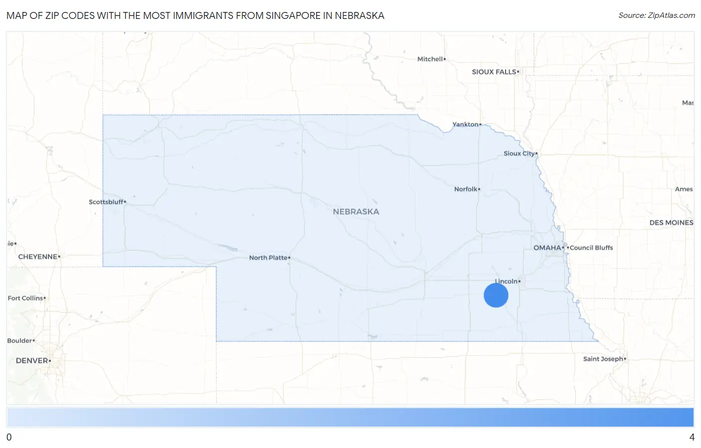 Zip Codes with the Most Immigrants from Singapore in Nebraska Map