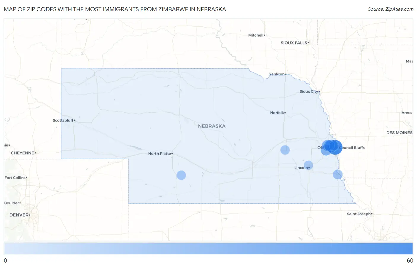 Zip Codes with the Most Immigrants from Zimbabwe in Nebraska Map
