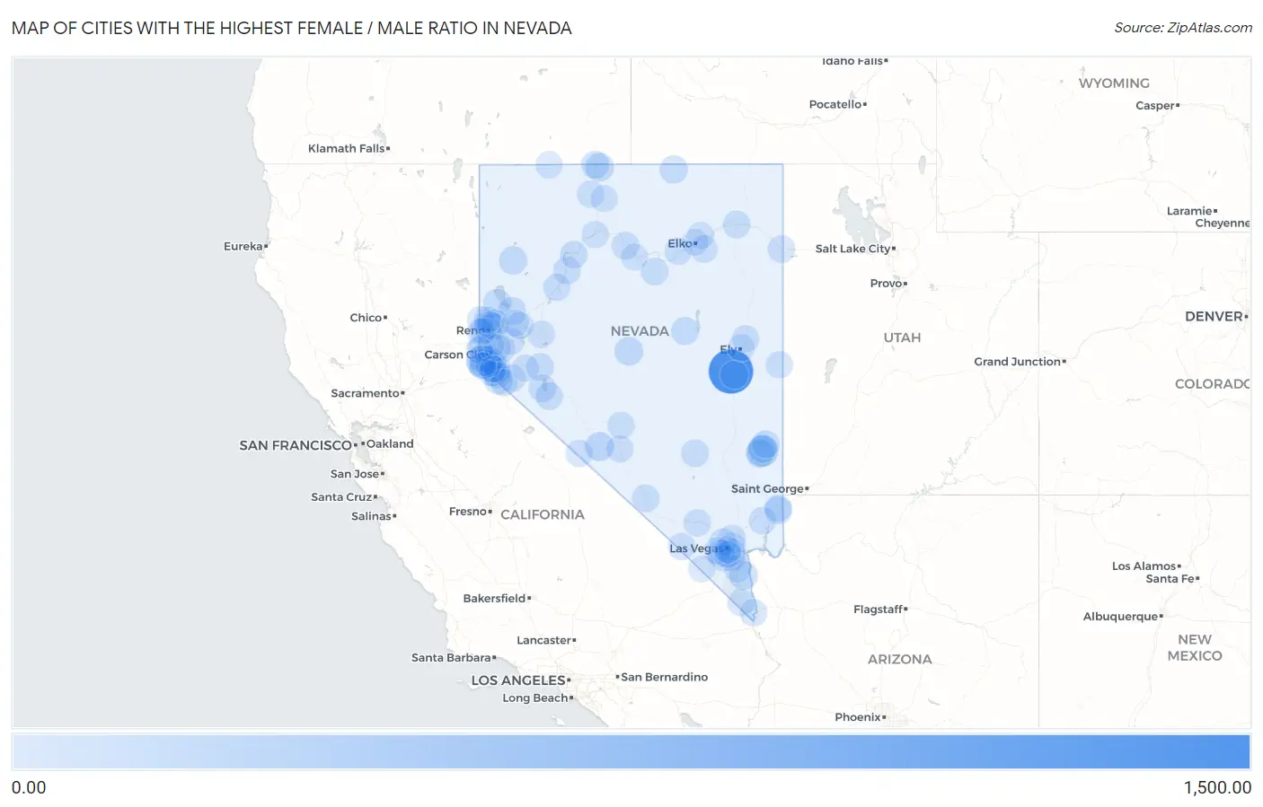 Cities with the Highest Female / Male Ratio in Nevada Map