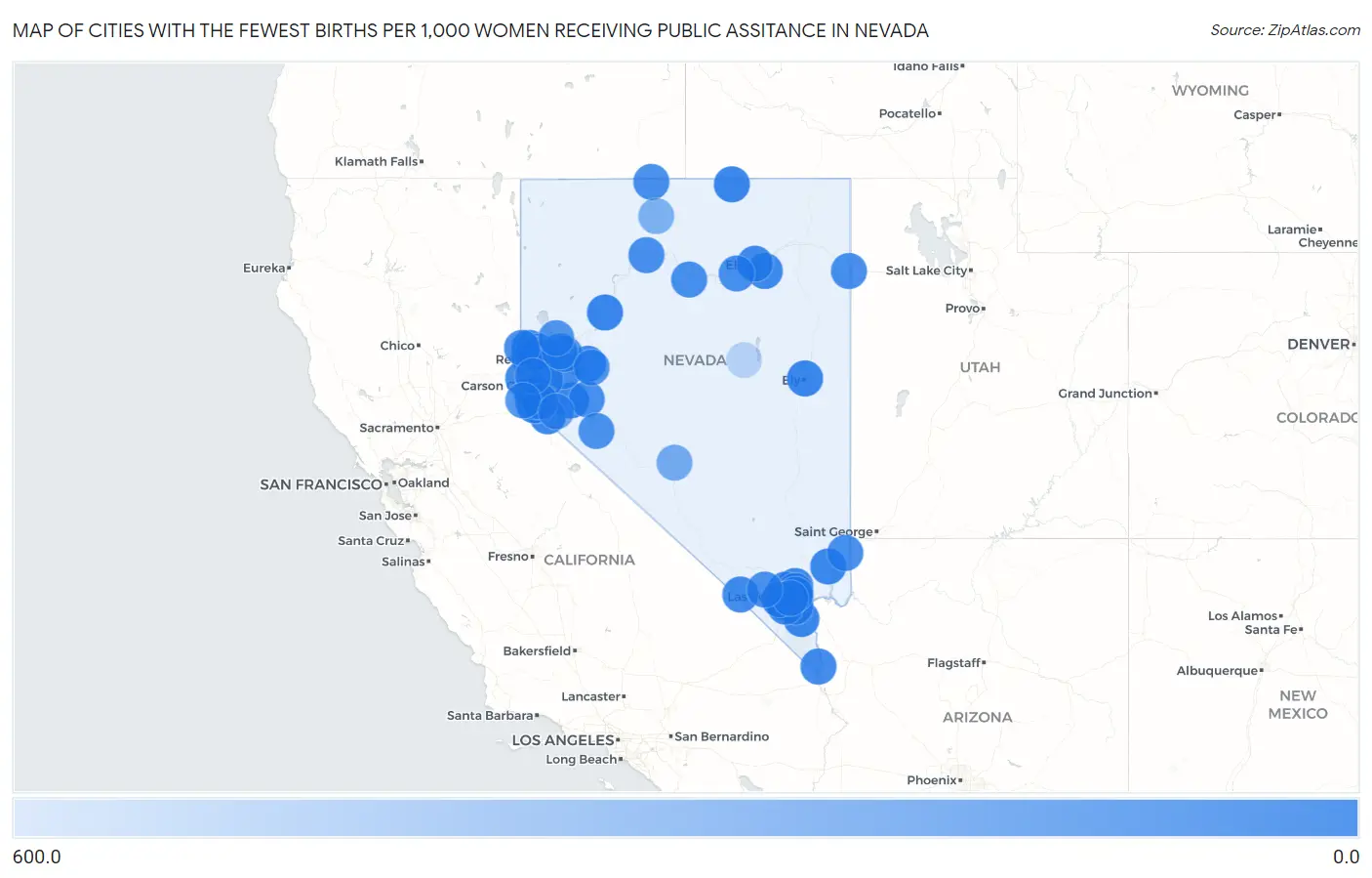 Cities with the Fewest Births per 1,000 Women Receiving Public Assitance in Nevada Map