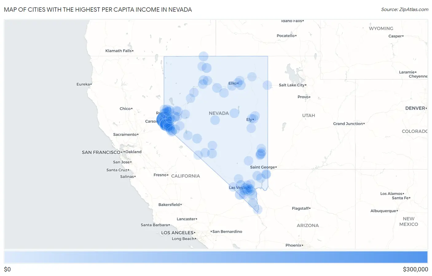 Cities with the Highest Per Capita Income in Nevada Map