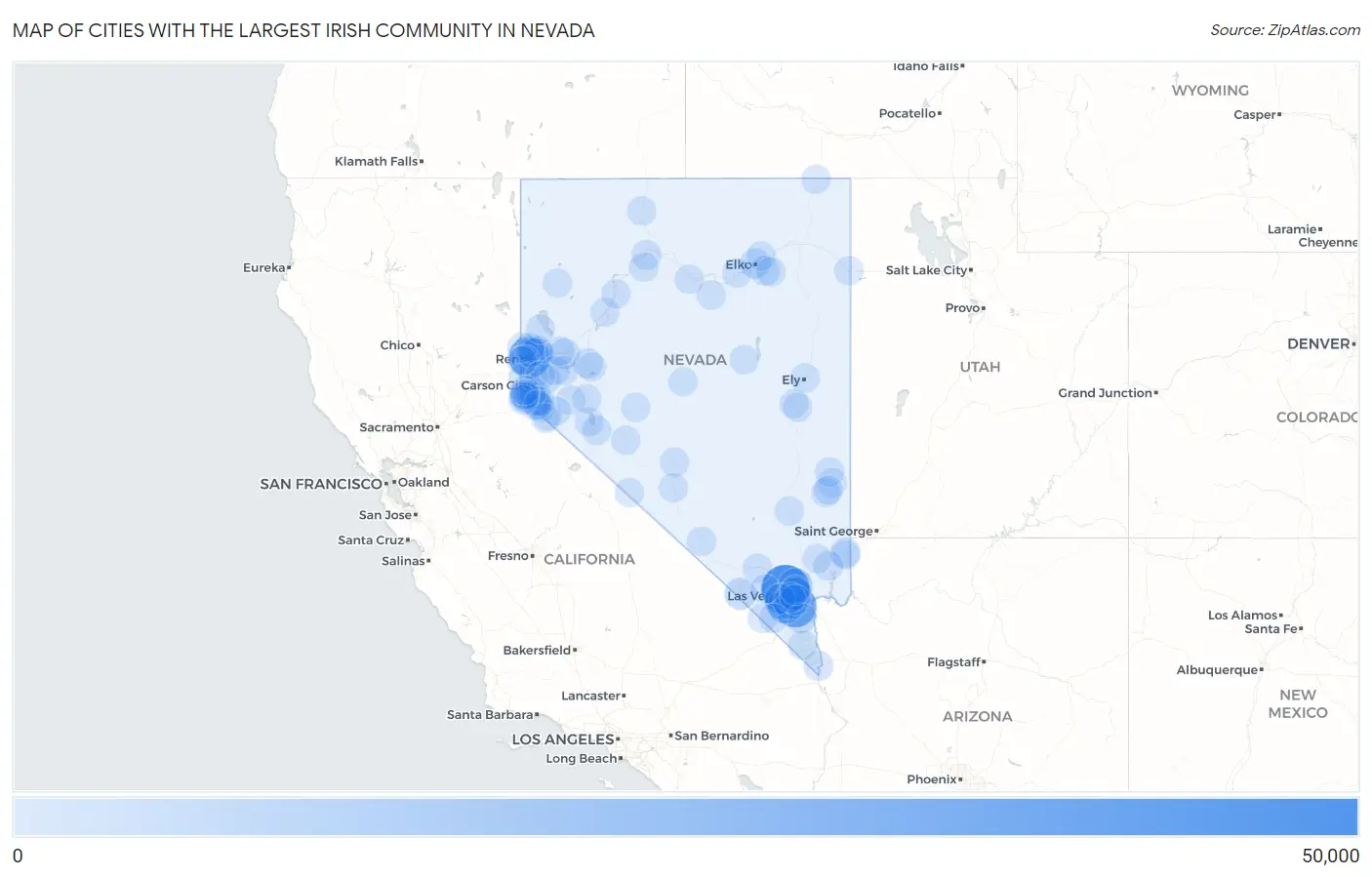 Cities with the Largest Irish Community in Nevada Map