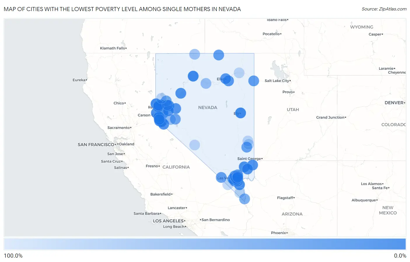 Cities with the Lowest Poverty Level Among Single Mothers in Nevada Map