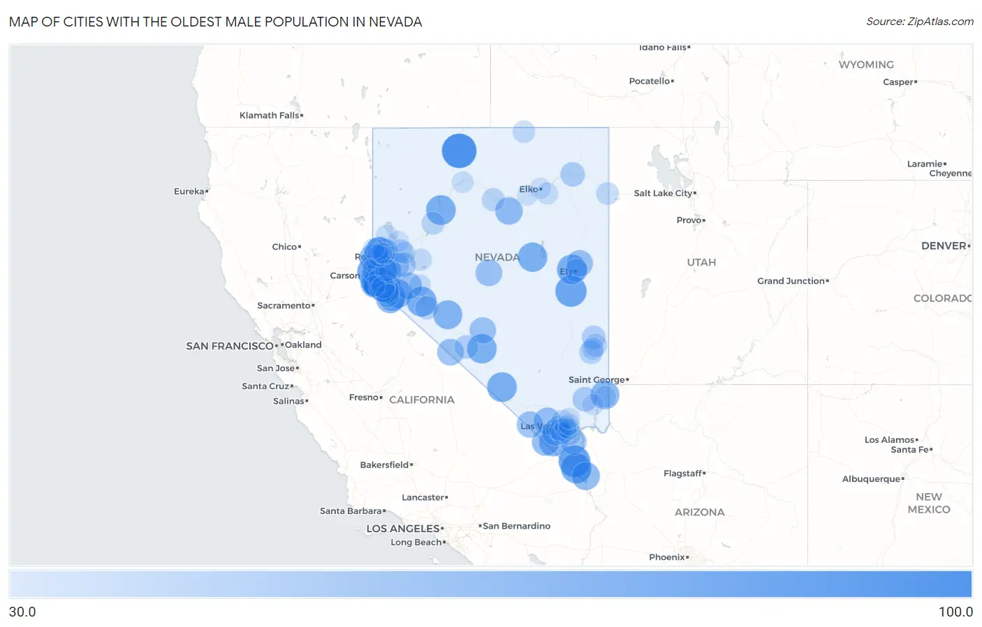 Cities with the Oldest Male Population in Nevada Map
